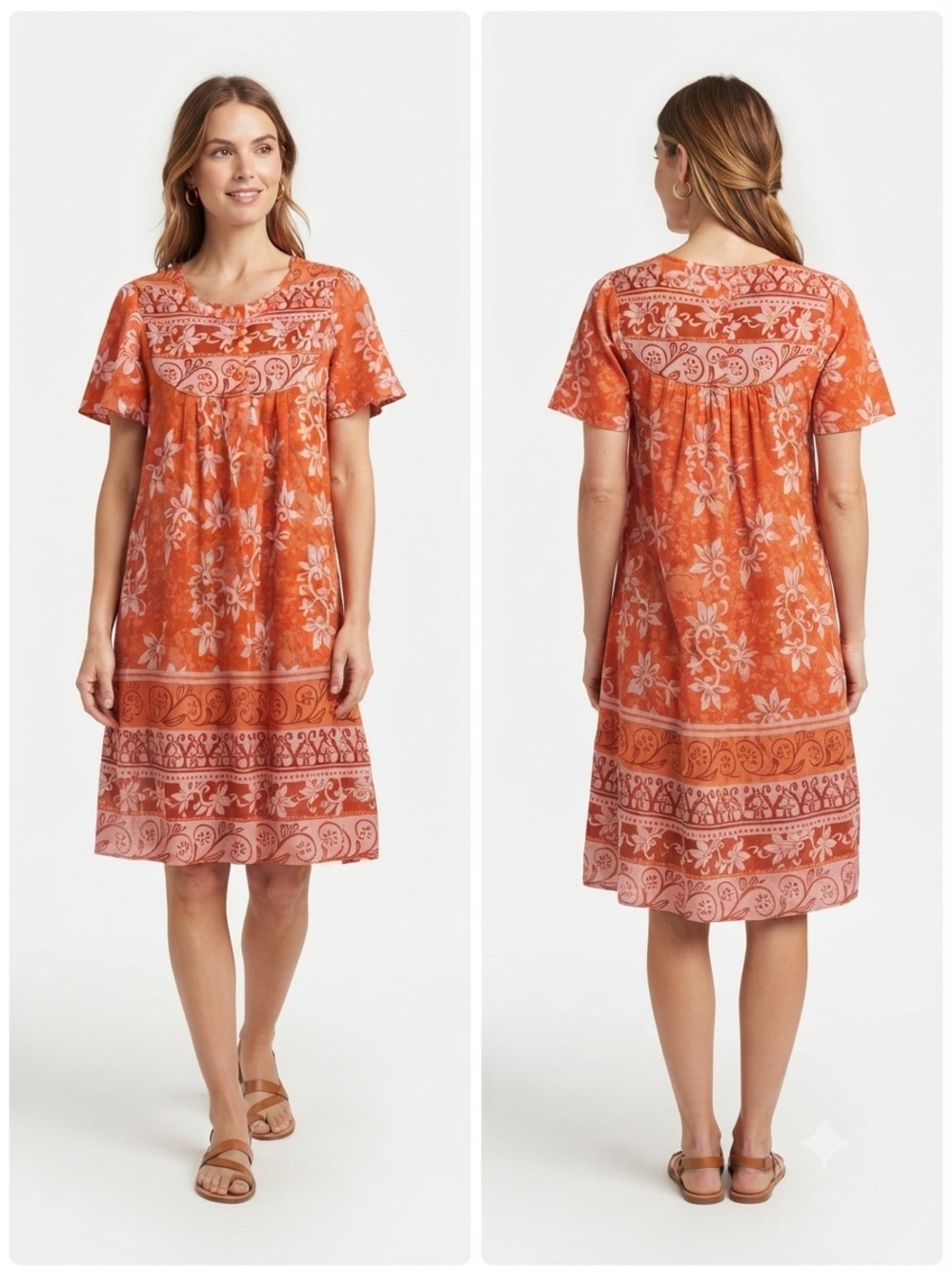Women's Vintage-Style Orange Floral Border Short-Sleeve Dress